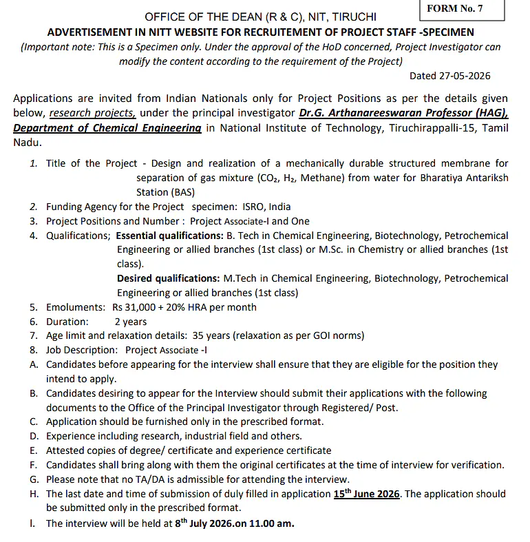 Project Associate-I Recruitment 2026 at NIT Tiruchirappalli (NIT Trichy)