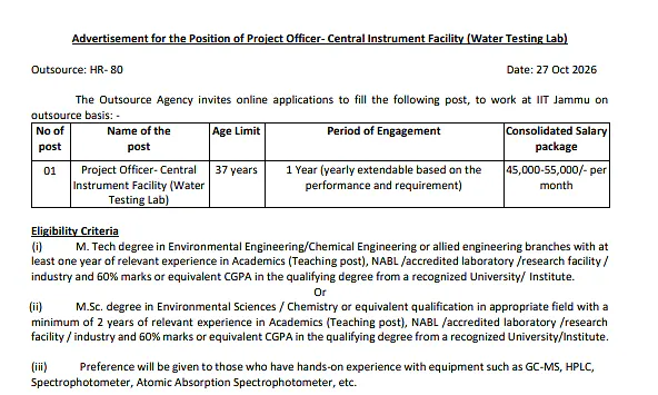 IIT Jammu Project Officer Recruitment 2026 – Central Instrument Facility (Water Testing Lab)