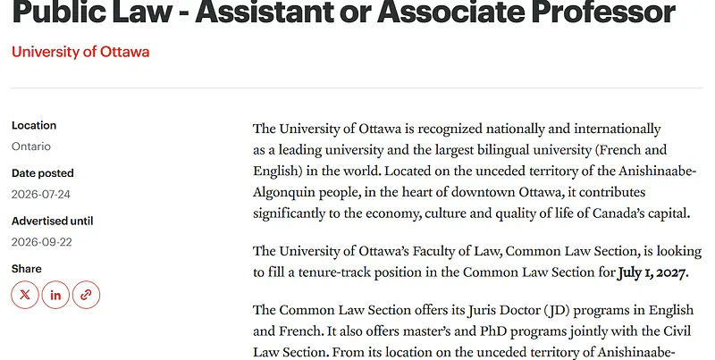 University of Ottawa Faculty Recruitment in Public Law