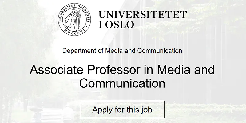 University of Oslo Associate Professor Recruitment in Media and Communication