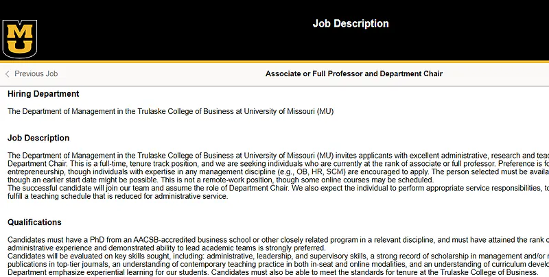 Department Chair & Associate / Full Professor of Management – University of Missouri