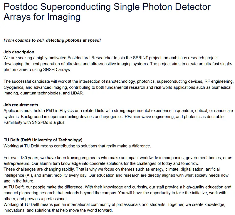 Postdoctoral Opportunity 2026 | Superconducting Single Photon Detector Arrays for Imaging at TU Delft