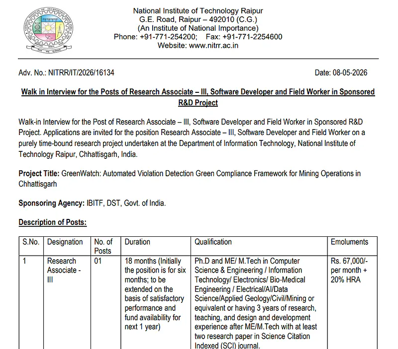  NIT Raipur Recruitment 2026 : Walk-in Interview for Research Associate-III