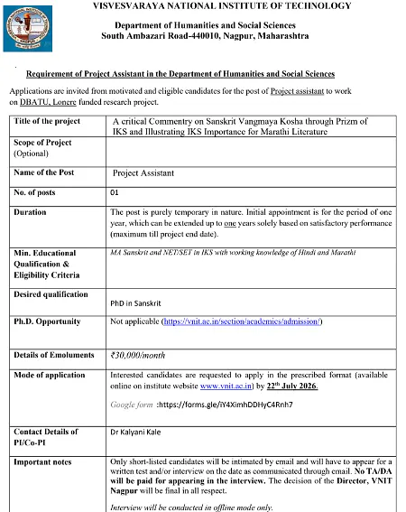 VNIT Nagpur Recruitment 2026: Project Assistant Position in Humanities & Social Sciences 