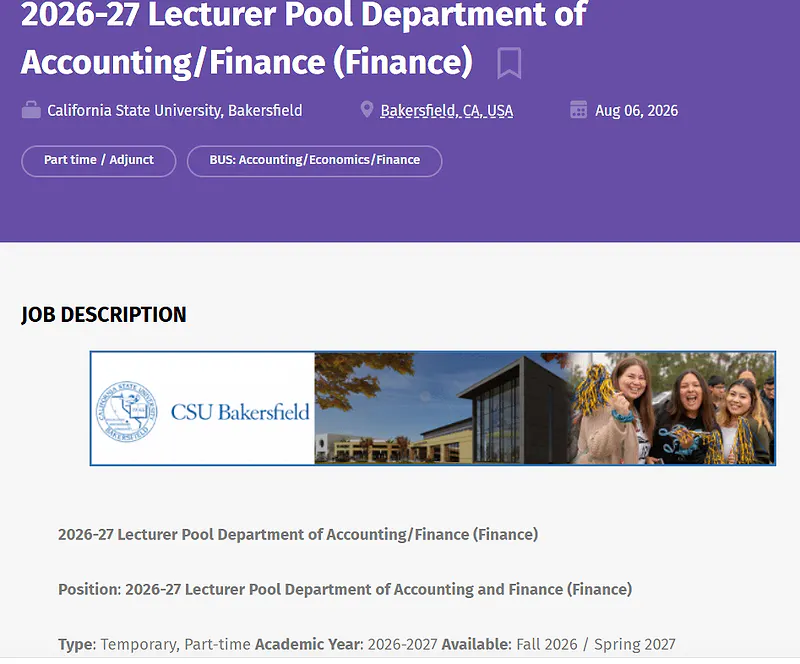 California State University, Bakersfield Lecturer Pool 2026–27 in Finance
