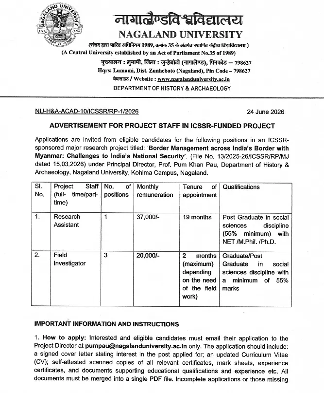 Nagaland University Recruitment 2026 | Project Staff Positions under ICSSR-Funded Research Project