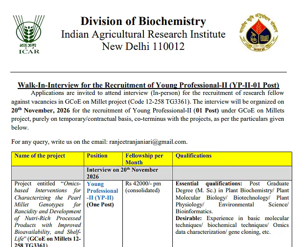ICAR-IARI Young Professional-II Recruitment 2026 – Walk-in Interview for Biochemistry Research Project