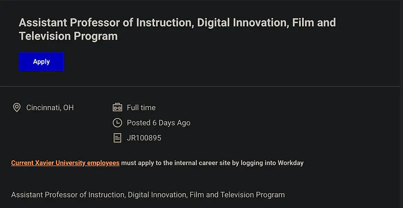Assistant/Associate Professor of Instruction, Digital Innovation, Film and Television Program – Xavier University