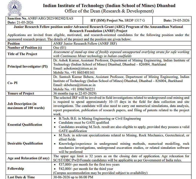 IIT (ISM) Dhanbad JRF Recruitment 2026 – Apply for ANRF-Funded Mining Engineering Project