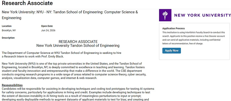 Research Associate Opportunity 2026 at NYU Tandon School of Engineering