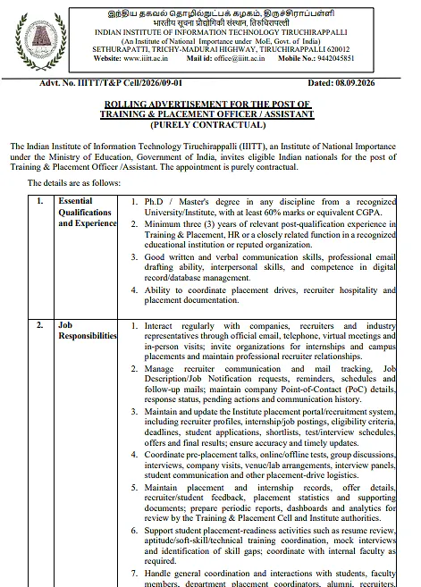 Training & Placement Officer/Assistant Recruitment 2026 at IIIT Tiruchirappalli – Rolling Advertisement