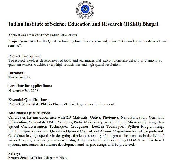 IISER Bhopal Recruitment 2026: Project Scientist-I Position in Quantum Technology