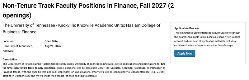 Non-Tenure Track Faculty Positions in Finance – University of Tennessee, Knoxville