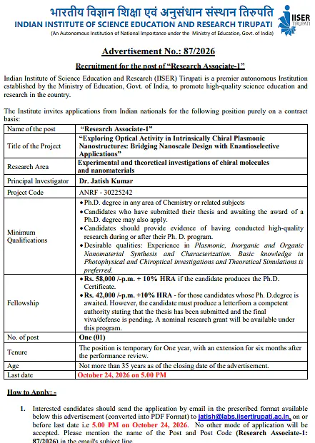 Research Associate-I Recruitment 2026 at IISER Tirupati – Chemistry and Nanomaterials Research