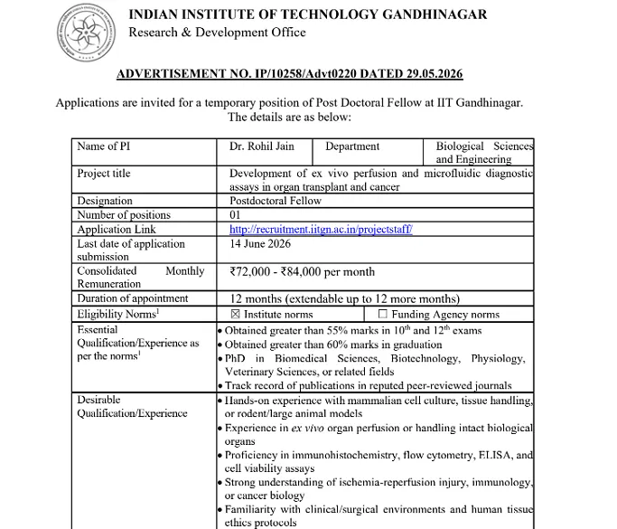 Postdoctoral Fellow at IIT Gandhinagar (Biological Sciences & Engineering)