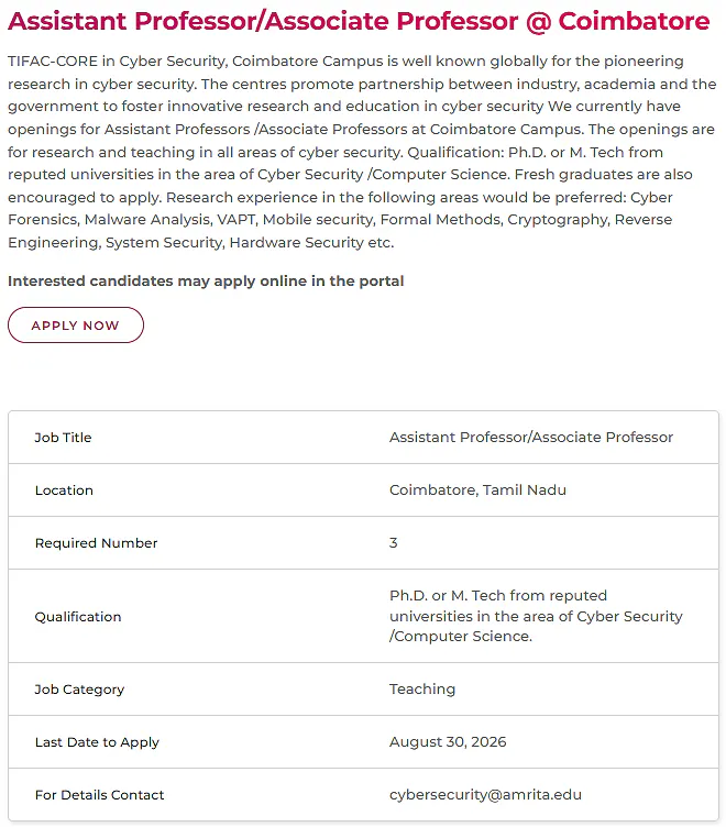 Amrita Vishwa Vidyapeetham Faculty Recruitment 2026: Assistant Professor / Associate Professor 