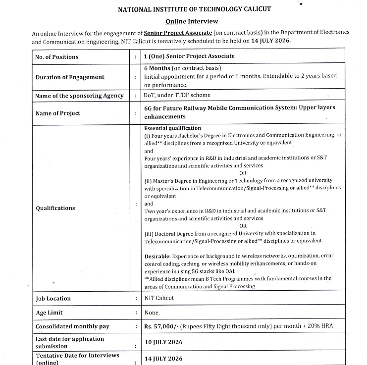 Senior Project Associate Recruitment 2026 | National Institute of Technology Calicut (NIT Calicut)