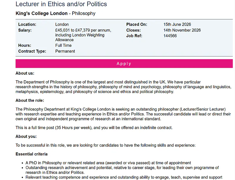 Lecturer in Ethics and/or Politics | King’s College London