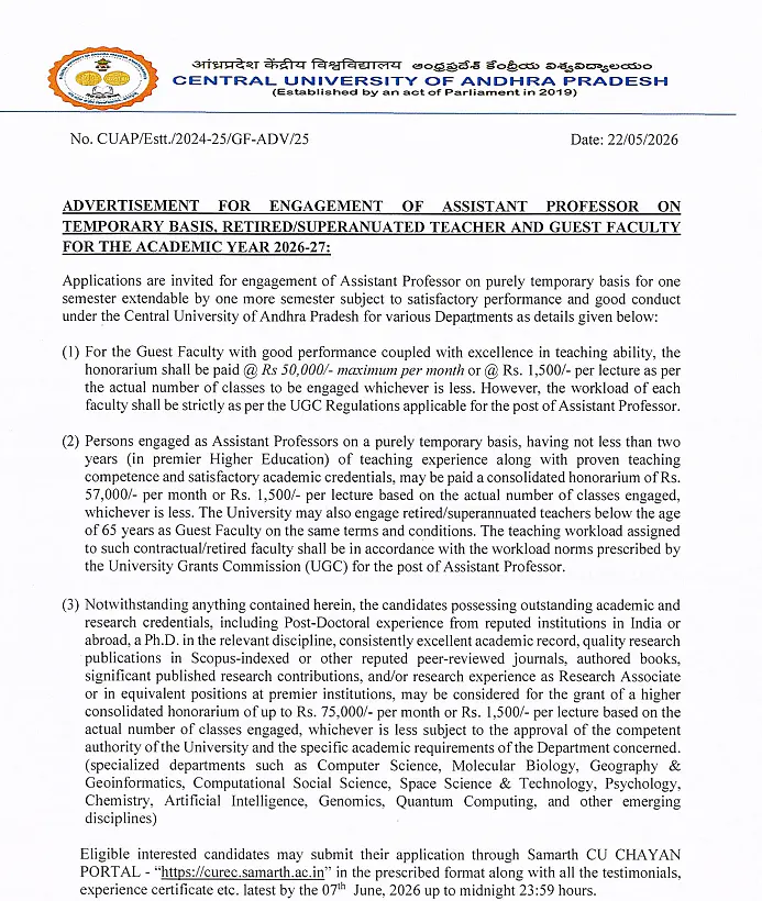 Central University of Andhra Pradesh Assistant Professor Recruitment 2026