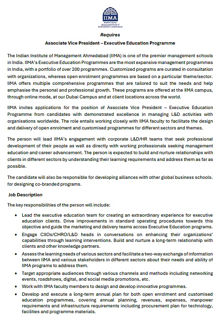  IIM Ahmedabad Associate Vice President Recruitment – Executive Education Programme