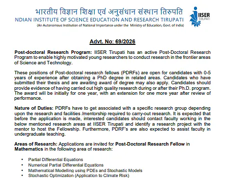 Post-Doctoral Research Fellow Recruitment 2026 at IISER Tirupati – Mathematics