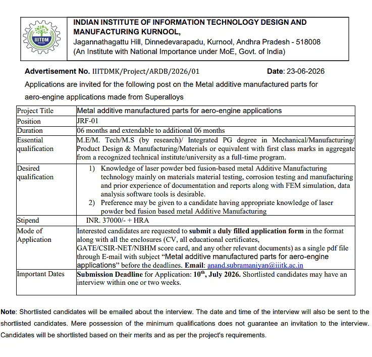 IIITDM Kurnool Recruitment 2026 | JRF Vacancy for ARDB-Funded Research Project