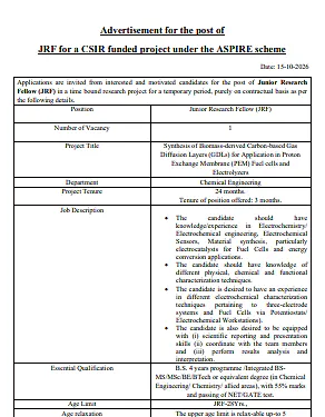 Junior Research Fellow (JRF) Recruitment 2026 – CSIR-Funded Research Project under ASPIRE Scheme