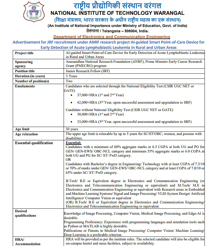  NIT Warangal JRF Recruitment 2026