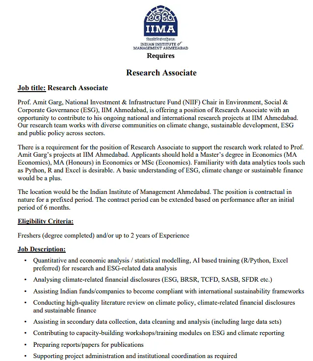 IIM Ahmedabad Research Associate Recruitment 2026 in ESG, Climate Change and Sustainable Finance