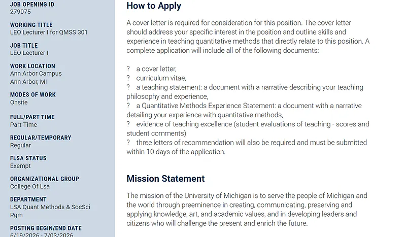 University of Michigan Recruitment 2026: LEO Lecturer I Positions in History & Quantitative Methods