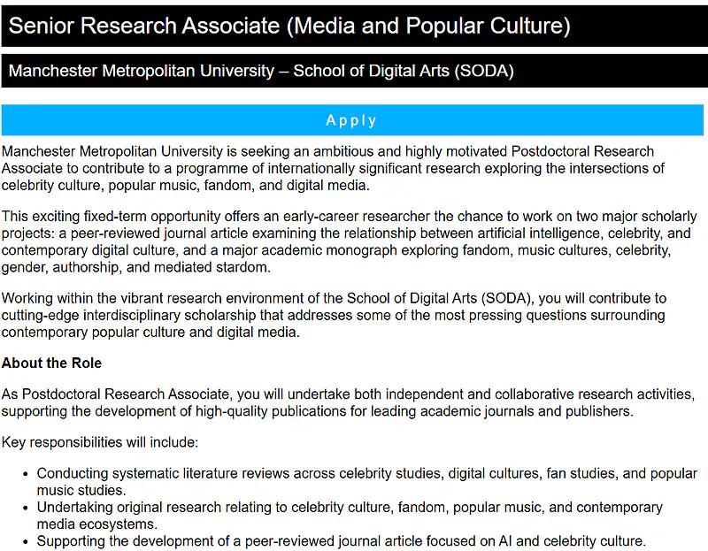 Manchester Metropolitan University Recruitment 2026 | Senior Research Associate (Media and Popular Culture)