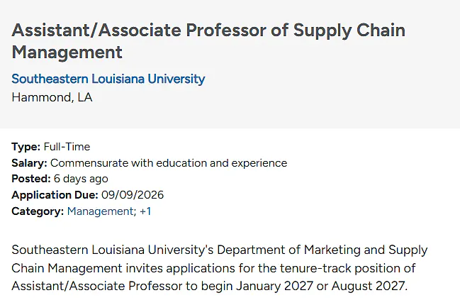 Assistant / Associate Professor of Supply Chain Management – Southeastern Louisiana University