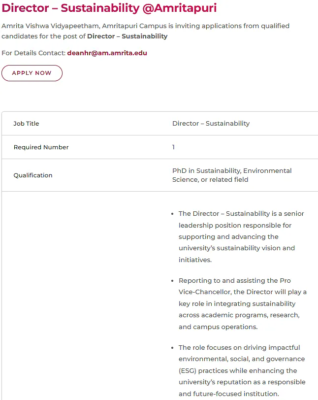 Amrita Vishwa Vidyapeetham Director – Sustainability Recruitment