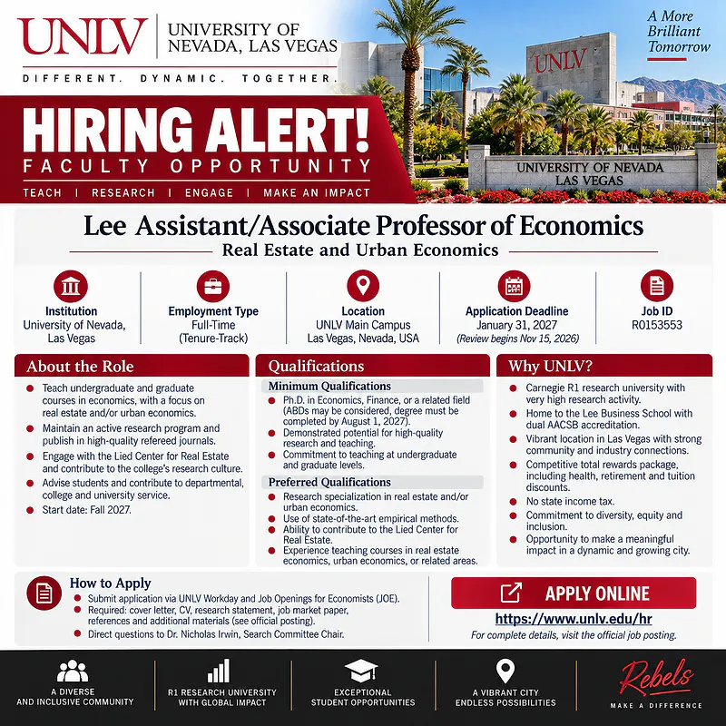 Lee Assistant/Associate Professor of Economics – Real Estate & Urban Economics – University of Nevada, Las Vegas