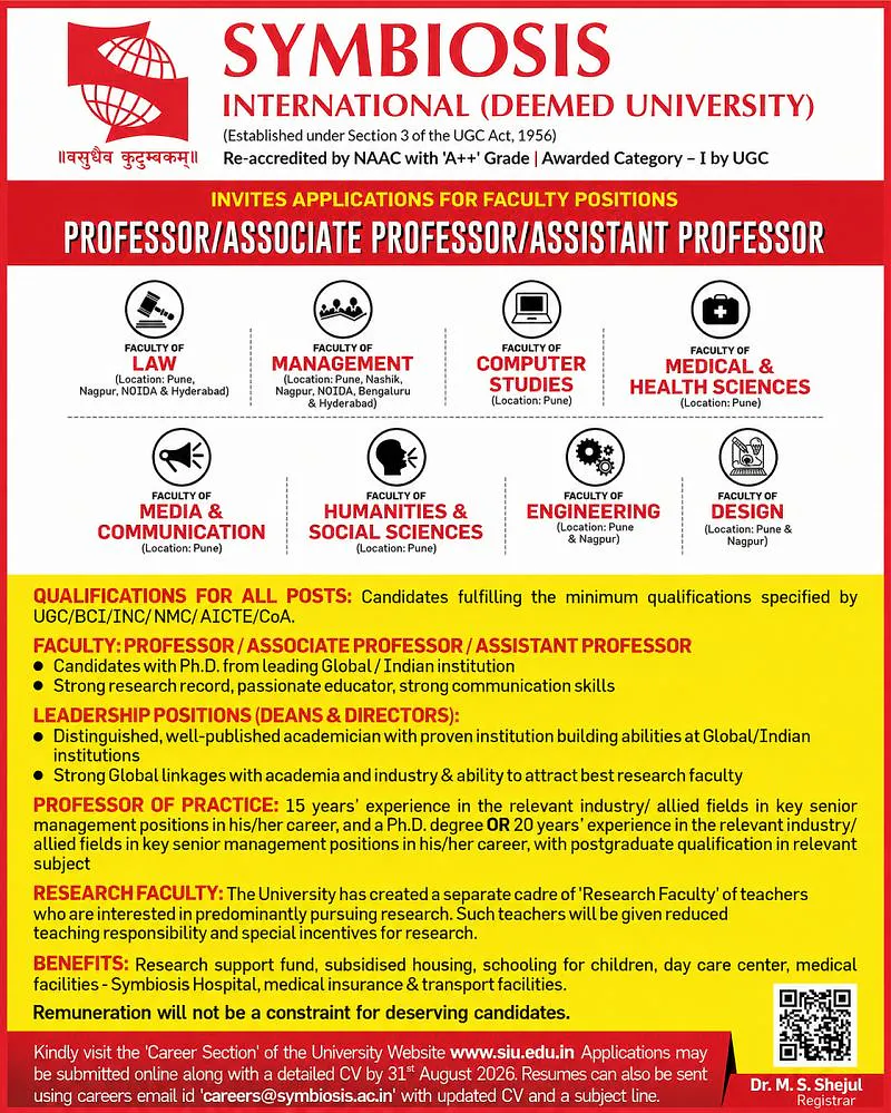 Higher Education Opportunity: Faculty & Leadership Positions at Symbiosis International University