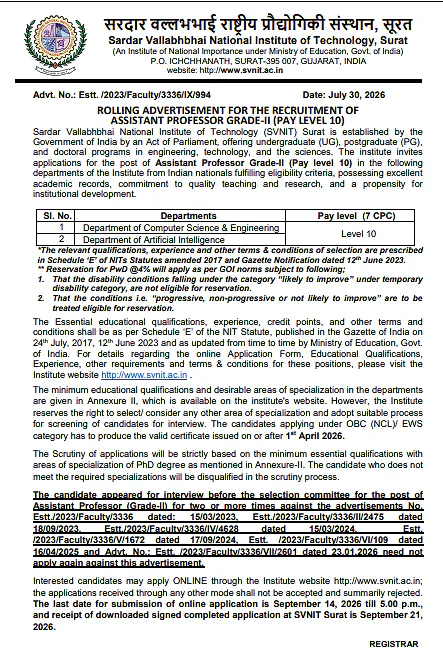 SVNIT Surat Assistant Professor Recruitment 2026