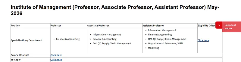 Faculty Recruitment: Institute of Management (May 2026)