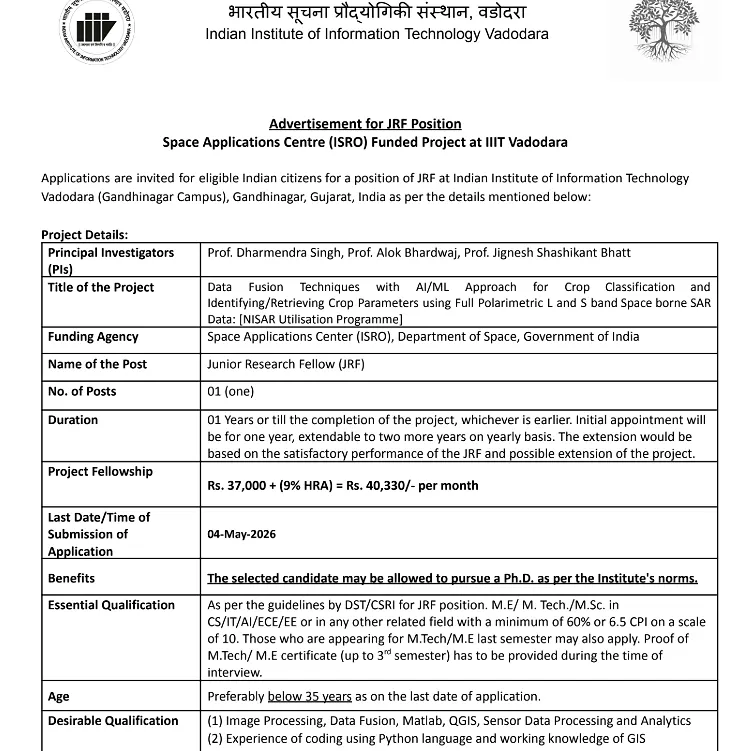 JRF Recruitment 2026 – IIIT Vadodara (ISRO Funded Project)