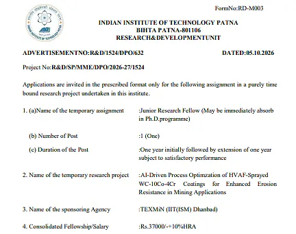 Junior Research Fellow (JRF) Recruitment 2026 at IIT Patna – AI-Driven Erosion Resistance Project