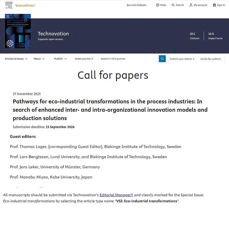“Pathways for Eco‑industrial Transformations in the Process Industries: In Search of Enhanced Inter‑ and Intra‑organizational Innovation Models and Production Solutions”