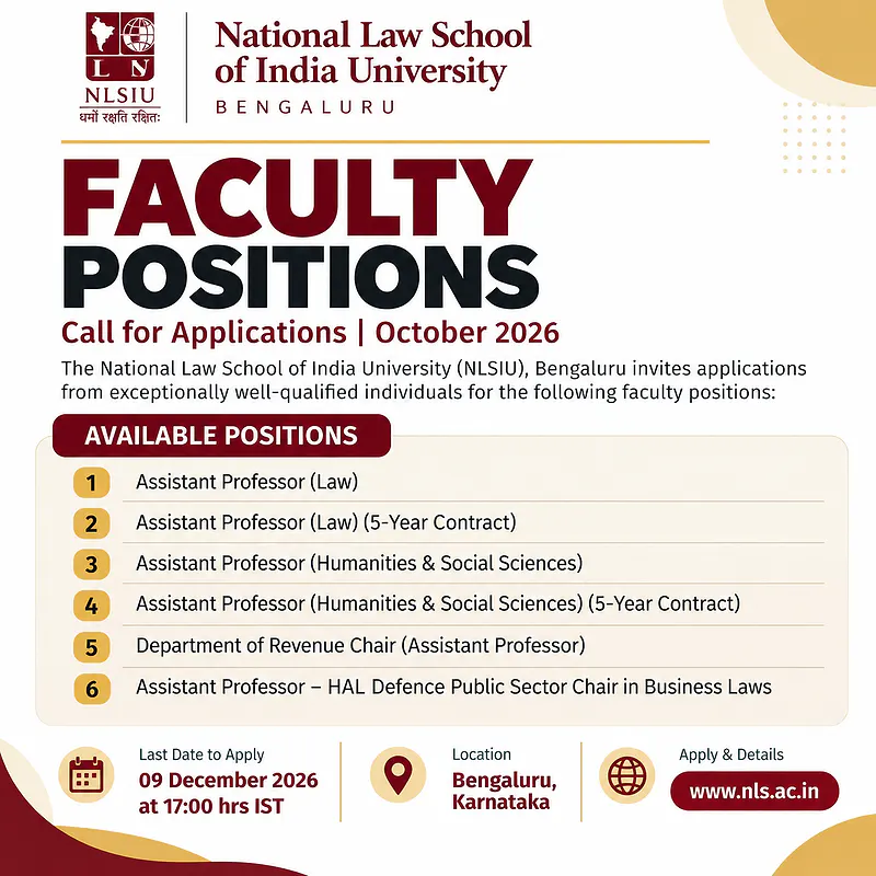 NLSIU Faculty Recruitment 2026: Assistant Professor Positions in Law, Humanities and Social Sciences
