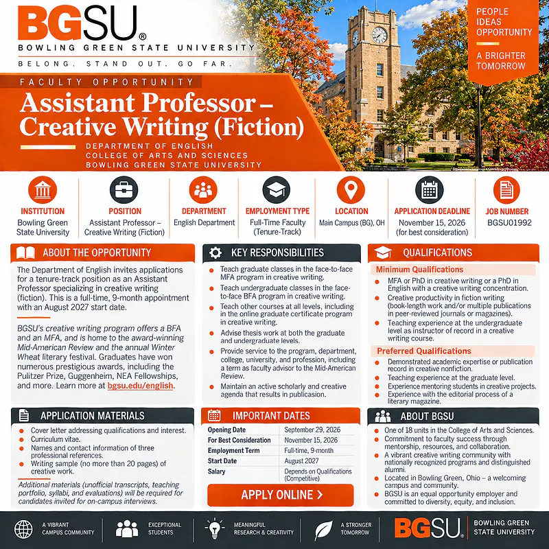  Assistant Professor – Creative Writing (Fiction) – Bowling Green State University