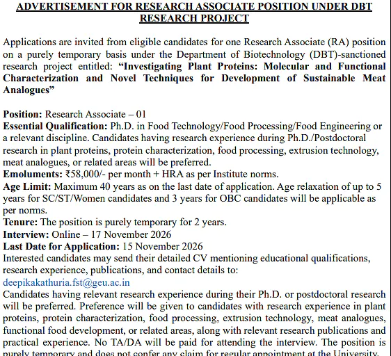 Research Associate Recruitment 2026 Under DBT Project – Food Technology, Food Processing and Food Engineering