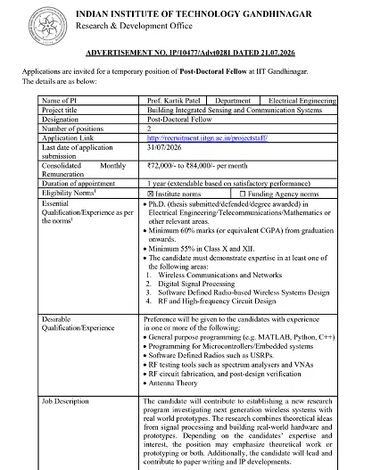 IIT Gandhinagar Postdoctoral Fellow Recruitment 2026