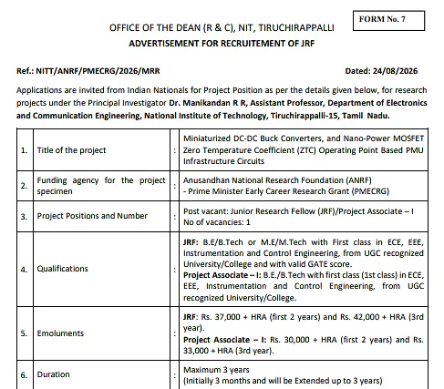 Junior Research Fellow / Project Associate-I Recruitment 2026 at NIT Tiruchirappalli – ANRF-PMECRG Research Project