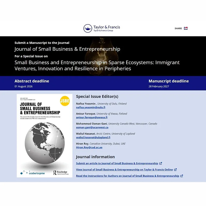 𝗦𝗺𝗮𝗹𝗹 𝗕𝘂𝘀𝗶𝗻𝗲𝘀𝘀 𝗮𝗻𝗱 𝗘𝗻𝘁𝗿𝗲𝗽𝗿𝗲𝗻𝗲𝘂𝗿𝘀𝗵𝗶𝗽 𝗶𝗻 𝗦𝗽𝗮𝗿𝘀𝗲 𝗘𝗰𝗼𝘀𝘆𝘀𝘁𝗲𝗺𝘀: 𝗜𝗺𝗺𝗶𝗴𝗿𝗮𝗻𝘁 𝗩𝗲𝗻𝘁𝘂𝗿𝗲𝘀, 𝗜𝗻𝗻𝗼𝘃𝗮𝘁𝗶𝗼𝗻 𝗮𝗻𝗱 𝗥𝗲𝘀𝗶𝗹𝗶𝗲𝗻𝗰𝗲 𝗶𝗻 𝗣𝗲𝗿𝗶𝗽𝗵𝗲𝗿𝗶𝗲𝘀