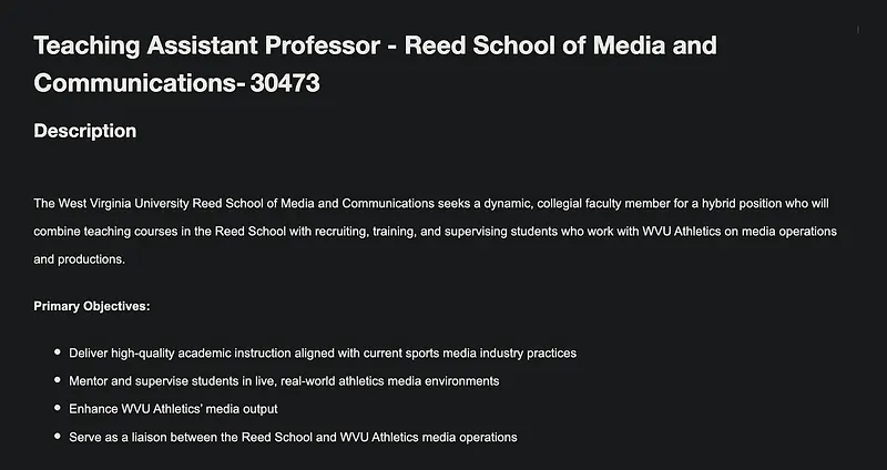 Faculty Opportunity: Teaching Assistant Professor – Reed School of Media and Communications, West Virginia University