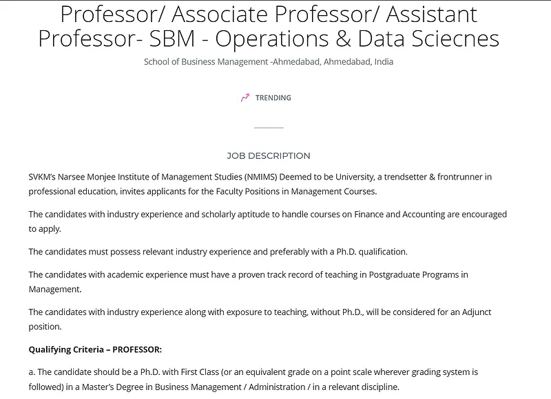 NMIMS Faculty Recruitment: Professor / Associate Professor / Assistant Professor – Operations & Data Sciences