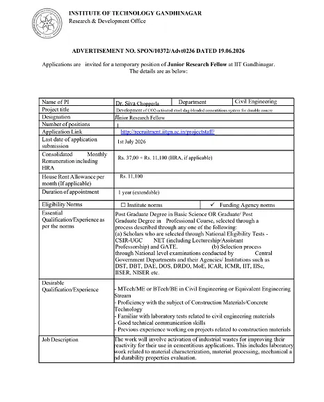 IIT Gandhinagar JRF Recruitment 2026 | Apply for Junior Research Fellow Position in Civil Engineering