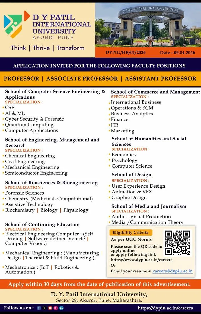 𝗙𝗮𝗰𝘂𝗹𝘁𝘆 𝗥𝗲𝗰𝗿𝘂𝗶𝘁𝗺𝗲𝗻𝘁 𝟮𝟬𝟮𝟲: 𝗗 𝗬 𝗣𝗮𝘁𝗶𝗹 𝗜𝗻𝘁𝗲𝗿𝗻𝗮𝘁𝗶𝗼𝗻𝗮𝗹 𝗨𝗻𝗶𝘃𝗲𝗿𝘀𝗶𝘁𝘆 (𝗗𝗬𝗣𝗜𝗨)